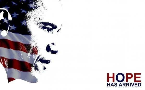A stylized portrait over an American flag with the words “HOPE HAS ARRIVED.”